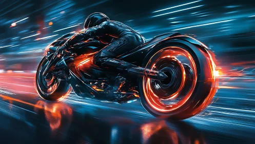 Neon street racer blazing through a rain soaked future city.