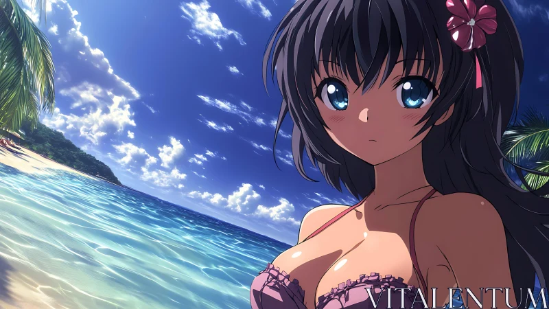 Bright-eyed beach girl enjoys a sunlit tropical shoreline