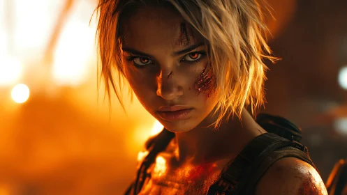 Battle-scarred warrior blazes through molten urban inferno.