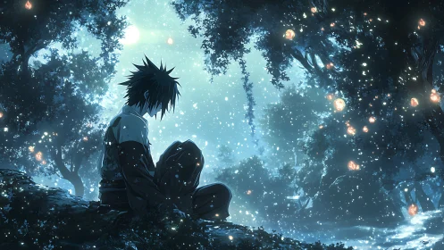 Solitary anime boy contemplates under glowing forest lights