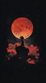 Silhouetted warrior stands beneath a vast crimson moonscape