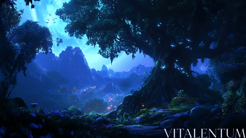 Large bioluminescent tree above valley with distant settlement.