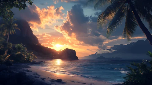 Radiant tropical sunset over serene palm-lined cove.