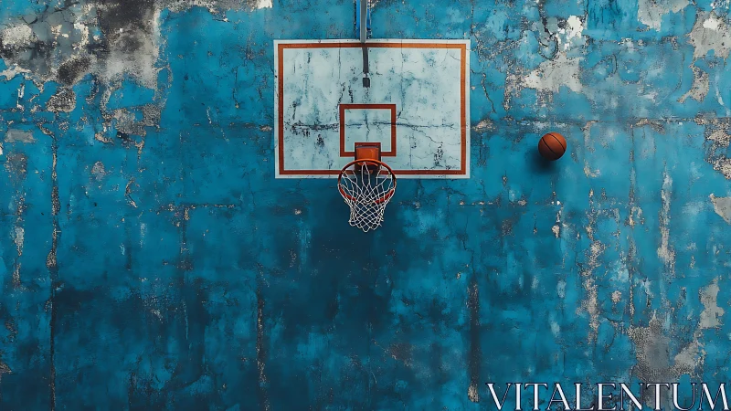 Rusty court daydreams under peeling blue sky-wall.