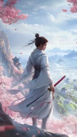 Petal-wreathed wanderer guarding a cloud-kissed valley.