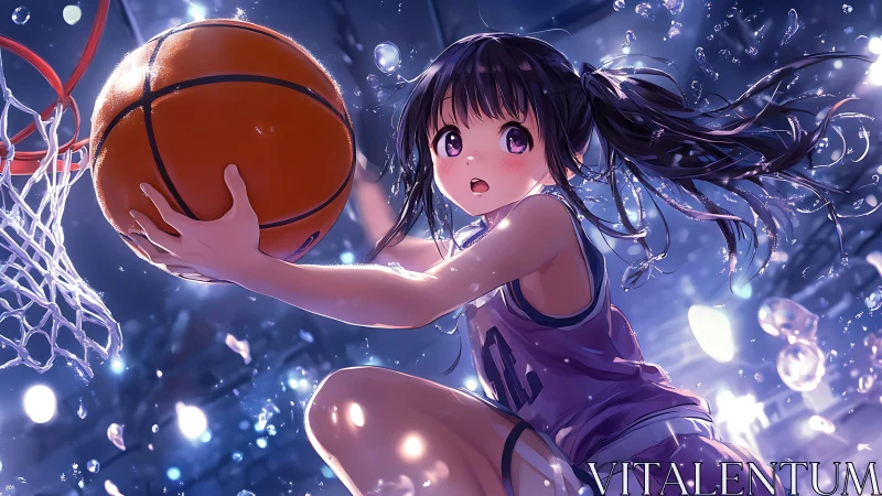 Anime girl drives to the hoop in dramatic courtside lighting.