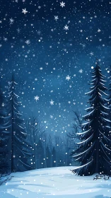 Night snowfall covers a conifer forest under dense sky
