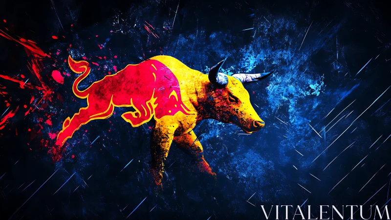 Stylized red and yellow bull silhouette on dark blue field.