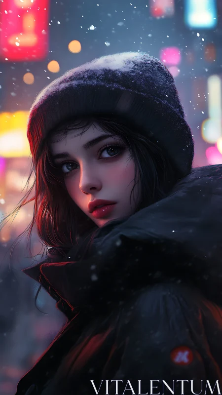 Woman in winter coat under neon city snowfall at night.