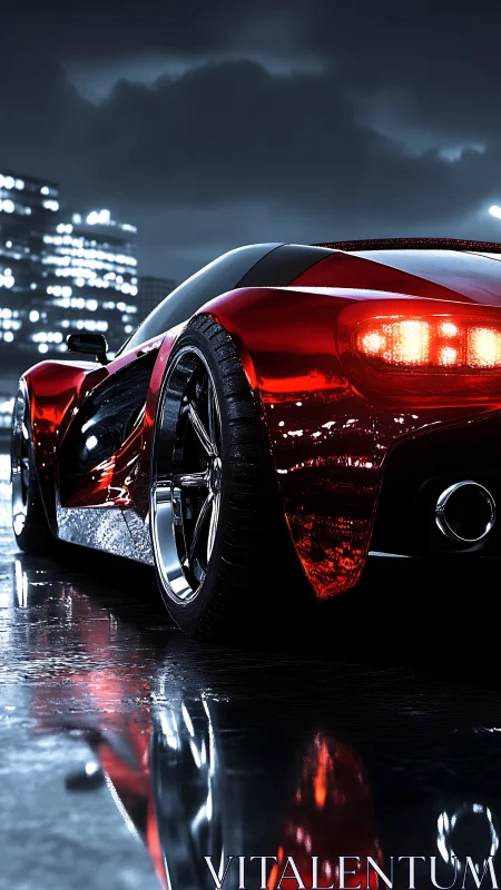 Rear three-quarter view of red supercar on wet city street