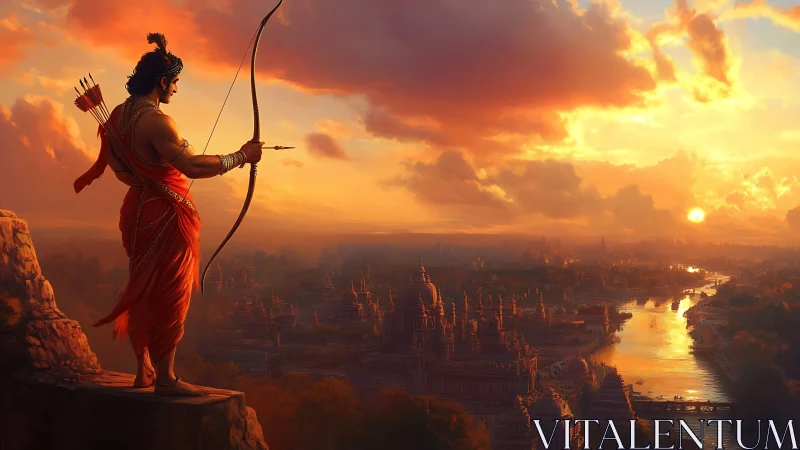 Warrior archer overlooking sunlit river kingdom skyline.