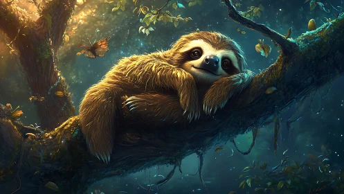 Dreamy sloth resting on mossy forest branch at dusk.