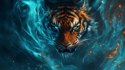 Bifurcated elemental tiger face emerges from cyan fire vortex
