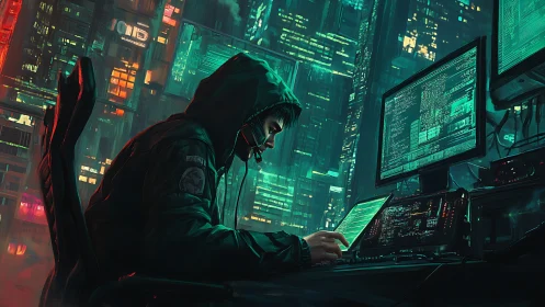 Neon-veiled hacker orchestrates code in rain-soaked megacity.