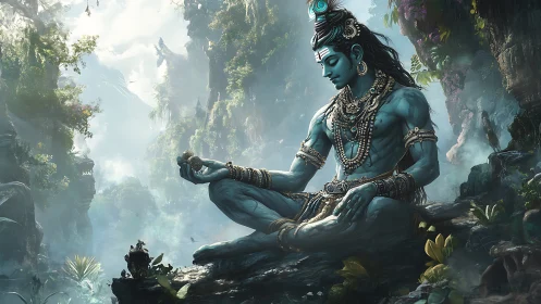 Blue-skinned meditative figure in ornate jewelry seated outdoors.