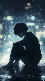 Rain-soaked silhouette boy curling into neon-tinted quiet.