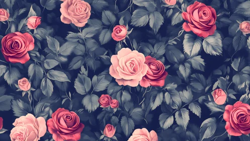 Floral Pattern: Pink Roses Against Dark Navy Background.