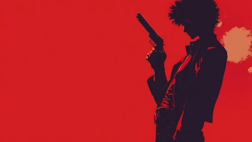 Silhouetted gunman on red field with high-contrast cel shading.