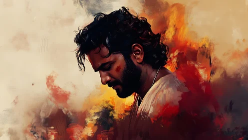 Thoughtful man in warm glowing abstract colors.