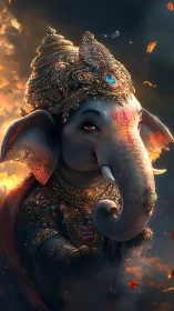Ornate anthropomorphic elephant figure in jeweled regalia.