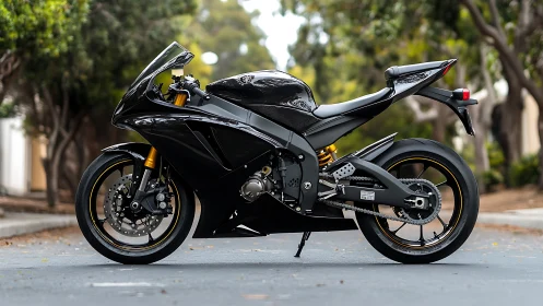 High-gloss black supersport motorcycle stands in side profile
