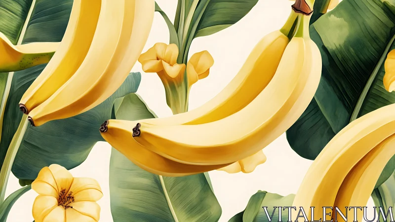 Sunlit banana chorus swaying through lush tropical leaves.