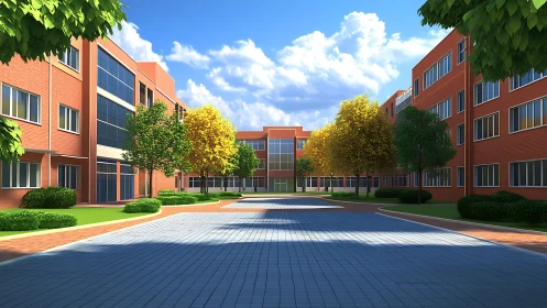 Sunlit brick campus quad breathing quiet weekday optimism.
