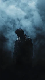Silhouetted lone figure in dense cinematic blue fog.