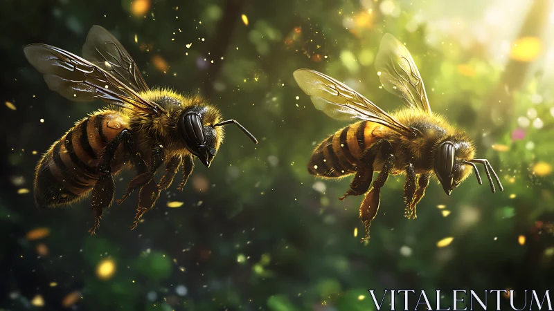 Sunlit honeybee duet hovers through glittering garden air