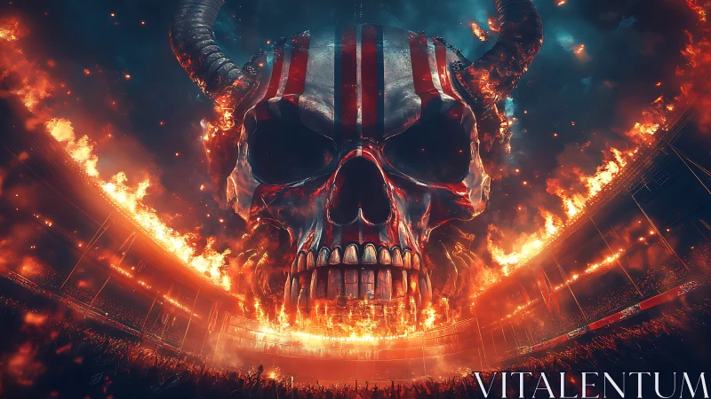 Blazing horned skull looms over a roaring infernal arena crowd