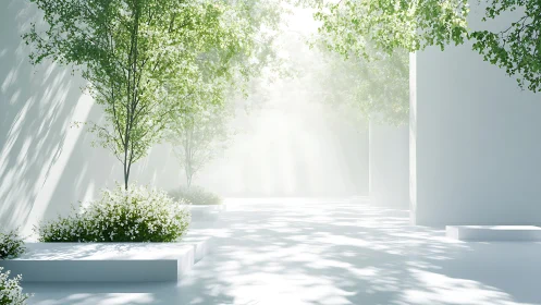 Minimal courtyard grove with ethereal white sunlit haze.