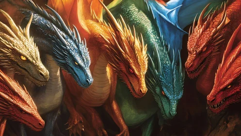 Seven multicolored dragons aligned in a tight formation.
