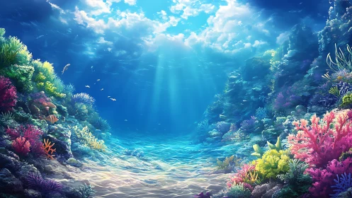 Radiant subsurface coral canyon with volumetric caustic light.