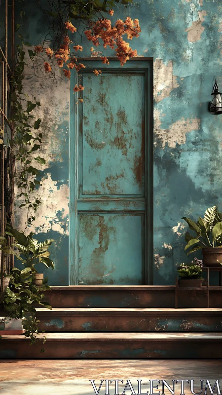Weathered teal doorway dreaming under climbing garden echoes.