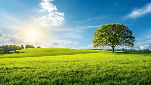 Isolated deciduous tree on sunlit meadow under clear blue sky