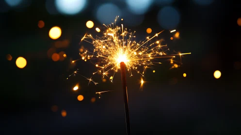 Single handheld sparkler ignites against dark bokeh background