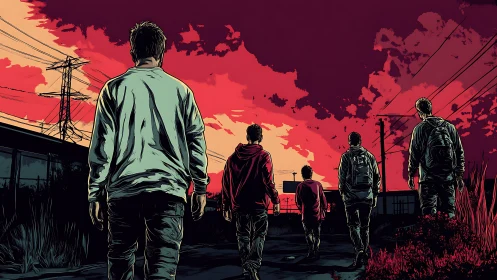 Five duskwalkers drift toward a neon-crimson horizon