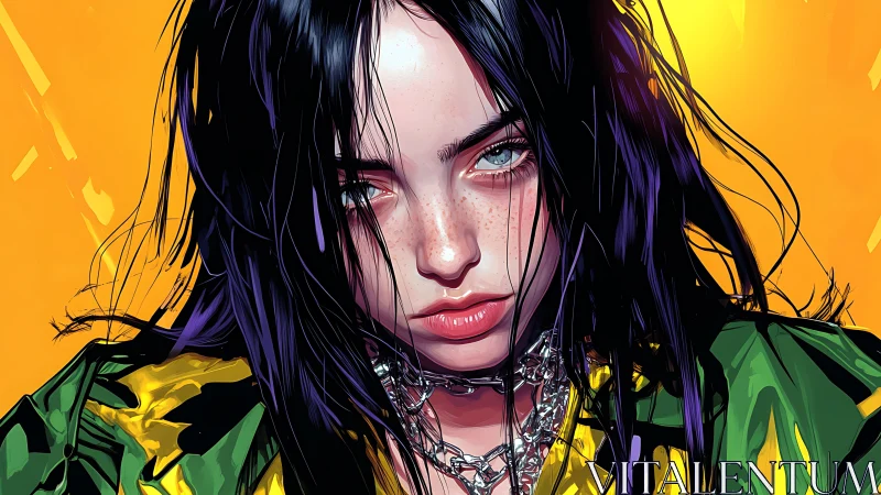 Digital portrait of young woman with dark hair on yellow.