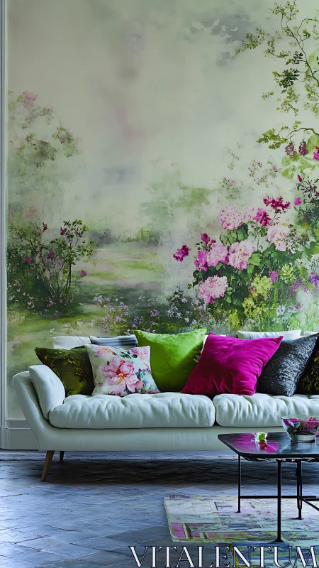 Floral mural living room with white sofa and bright pillows.