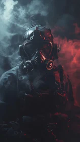 Masked tactical soldier emerges through red and blue smoke