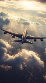 Sunlit jet gliding above cotton cities and molten clouds.