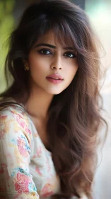 Photorealistic portrait of young woman with flowing hair.