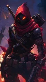 Hooded cyber mercenary with glowing eyes in burning alley.