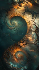 Celestial fractal spirals weaving stormlit golden nebulae.