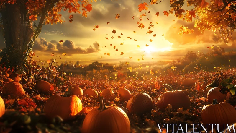 Pumpkin field under autumn sunset with falling leaves.