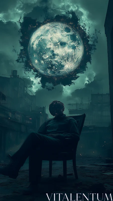 Lunar singularity above seated void-headed observer in ruins.