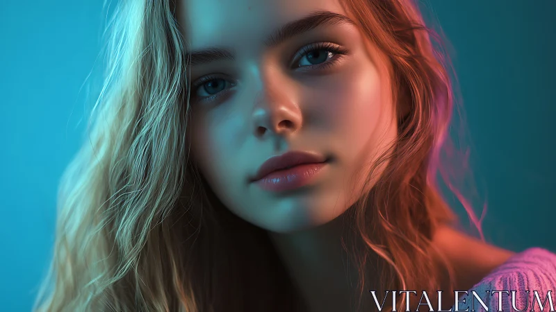 Close up portrait of young woman in colored studio light.