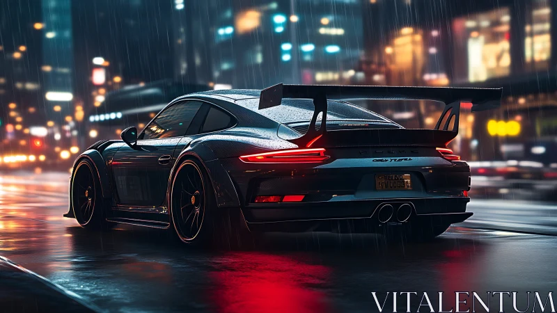 Wet city street reflects rear-lit GT3-style sports car in rain