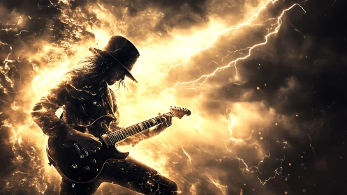 Electric guitarist ignites stormlit stage with blazing energy.