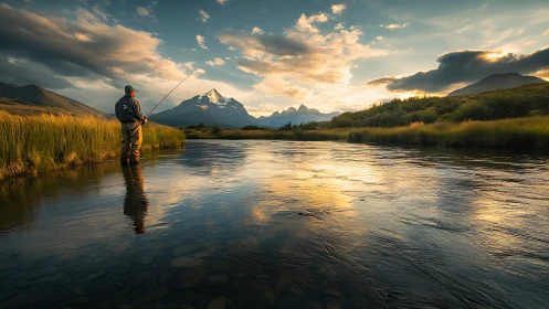 Angler stands in shallow river under golden hour alpine backlight